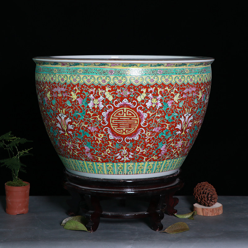 景德镇福寿手绘陶瓷器鱼缸荷花缸乌龟缸睡莲盆家用风水摆件装饰品