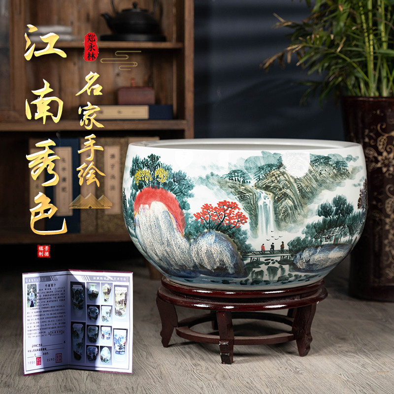 景德镇名师手绘陶瓷金鱼缸睡莲荷花盆养乌龟缸客厅阳台风水缸摆件