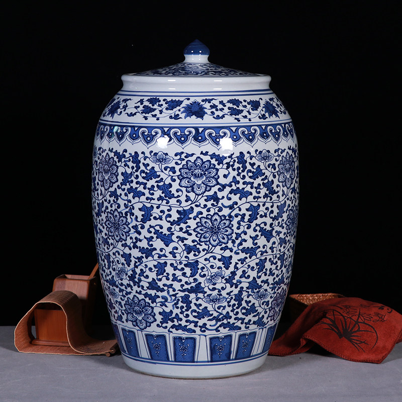 景德镇陶瓷青花缠枝米缸带盖密封罐50斤 100斤厨房储物器大号家用,厨房/烹饪用具,米桶/米缸,淘宝优惠券,粉丝福利购,淘宝优惠卷