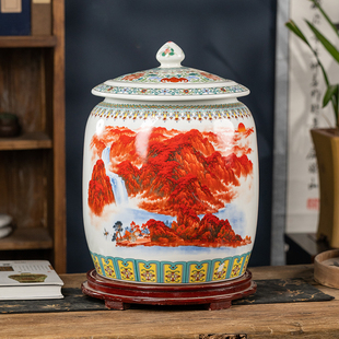 鸿运当头陶瓷大口米缸油缸水缸20斤景德镇家用带盖米桶防潮密封罐