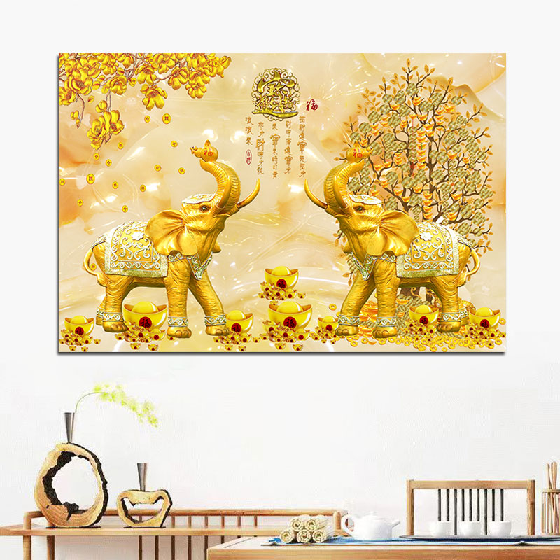 招财福相大象装饰画黄金满地吉祥如意客厅餐厅卧室墙壁画自粘贴画