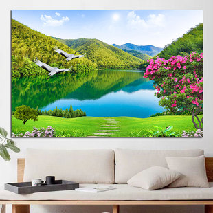 青山绿水客厅挂画山林湖泊湖水田园风光装饰画卧室床头山水墙壁画