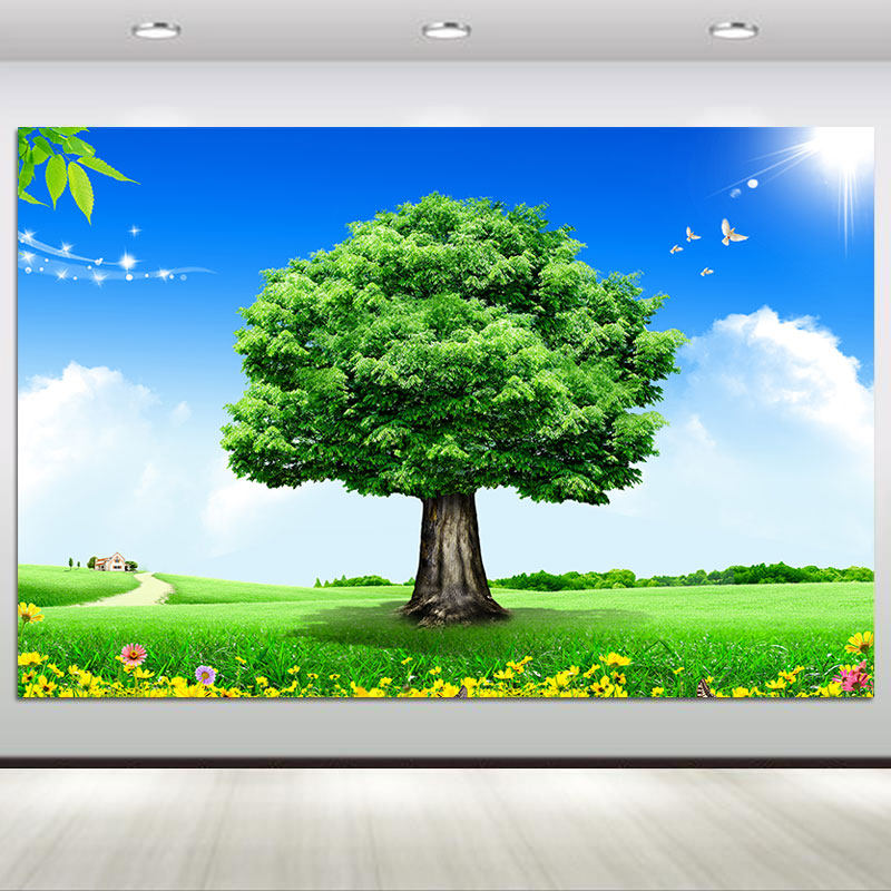 一颗大树大自然风景画蓝天白云绿色草地护眼壁画居家玄关装饰壁画