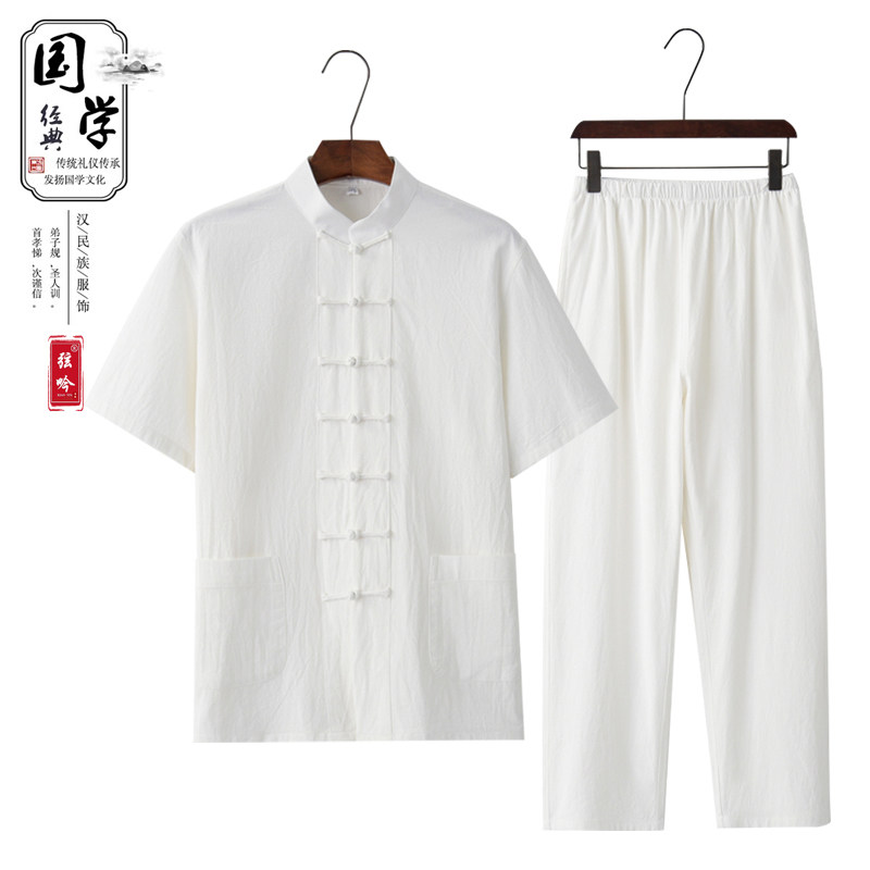 夏薄款全棉短袖唐装中式套装复古盘扣国风衬衫男女居士练功太极服