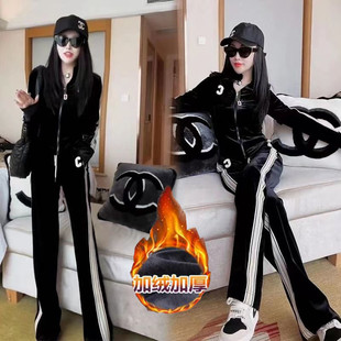 加绒加厚金丝绒双面绒休闲运动套装女秋冬季新款时尚阔腿裤两件套