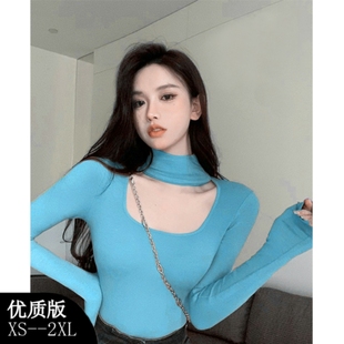 方领上衣女黑色辣妹性感春秋季紧身内搭长袖纯欲风t恤高领打底衫