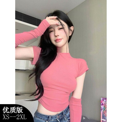 粉色半高领短袖带袖套女款T恤