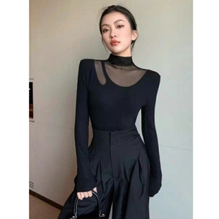 T恤 设计感小众别致性感长袖 黑色纯欲上衣女士网纱2024年新款 秋季