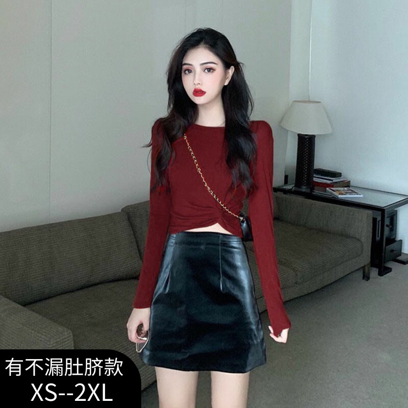 长袖露脐上衣爵士设计感舞蹈女秋冬季红色修身百搭漏脐短款T恤潮,女装/女士精品,T恤,淘宝优惠券,粉丝福利购,淘宝优惠卷