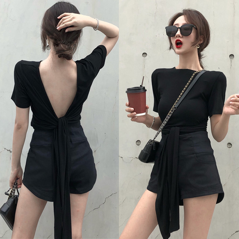 后背小心机露背上衣女爵士性感衣服镂空暴露漏背设计感超短款t恤