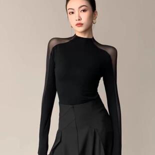 半高领上衣网纱拼接黑色女秋季蕾丝小衫设计感小众紧身长袖t恤潮
