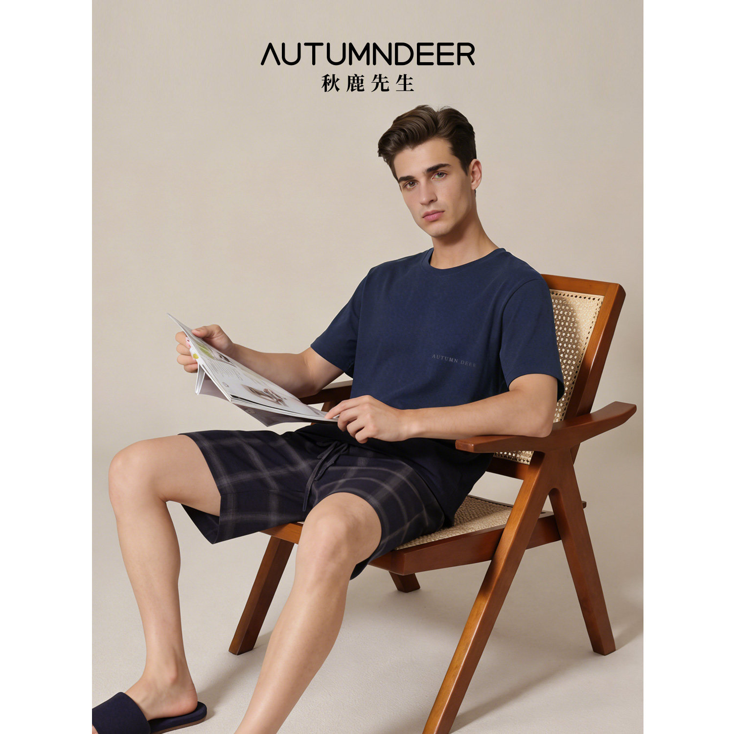 秋鹿【100%棉】男士睡衣套装纯棉夏季短袖短裤男休闲可外穿家居服