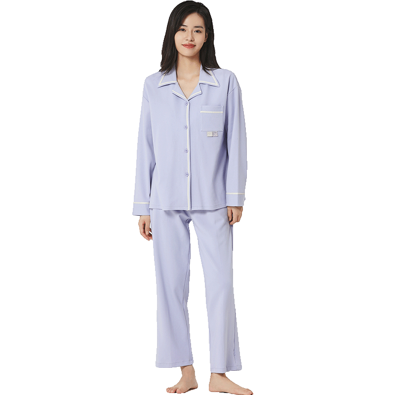 秋鹿秋季纯棉情侣睡衣休闲家居针织棉女装纯色简约居家服套装男款