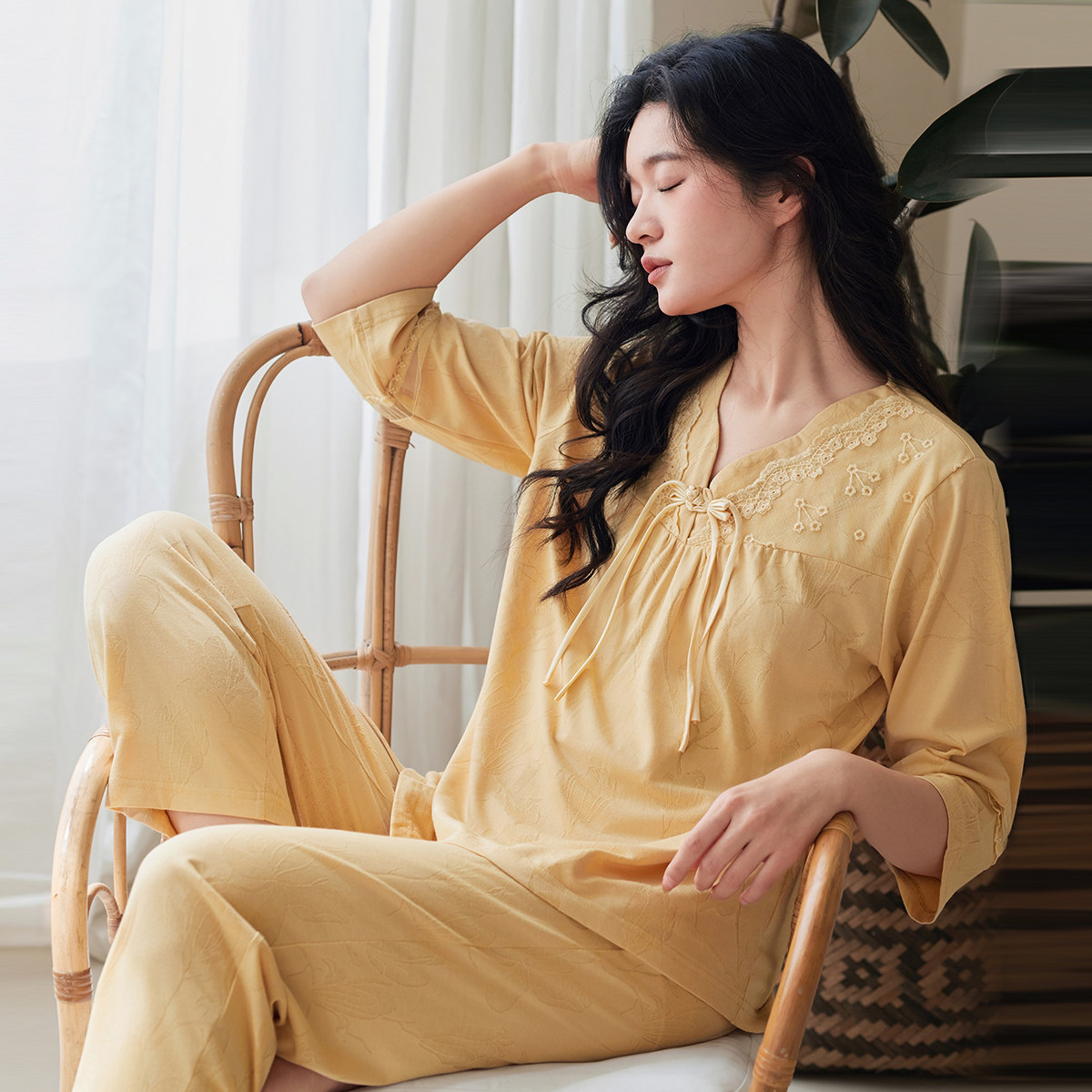 秋鹿柔软透气睡衣女夏季薄款蕾丝花边针织提花棉七分袖家居服套装