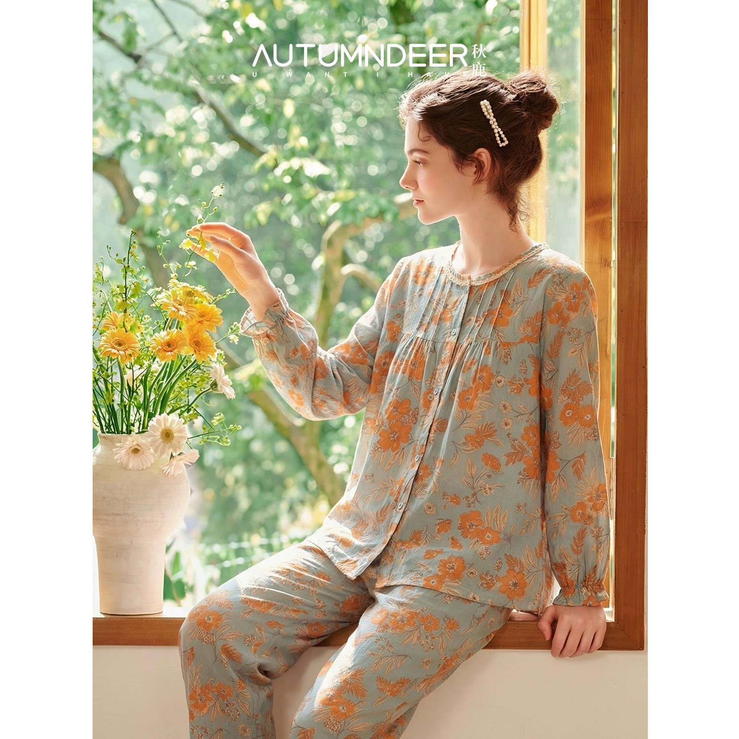 秋鹿【梭织双层纱】100%棉女士春夏高级感提花圆领家居服透气睡衣