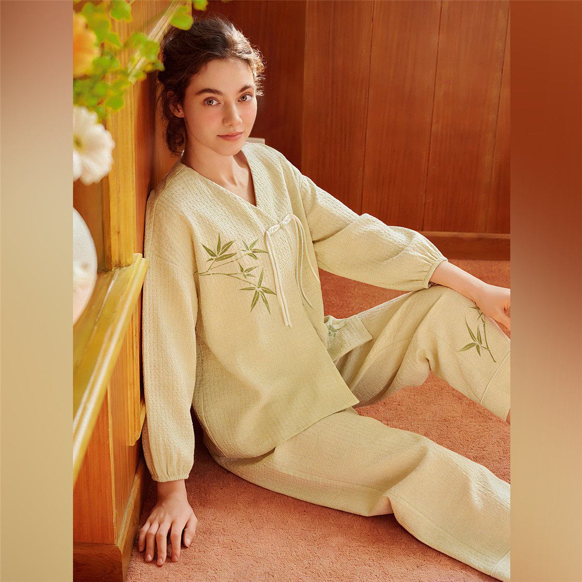 秋鹿【针织提花】春夏家居服古风典雅妈妈装高级感长袖长裤女