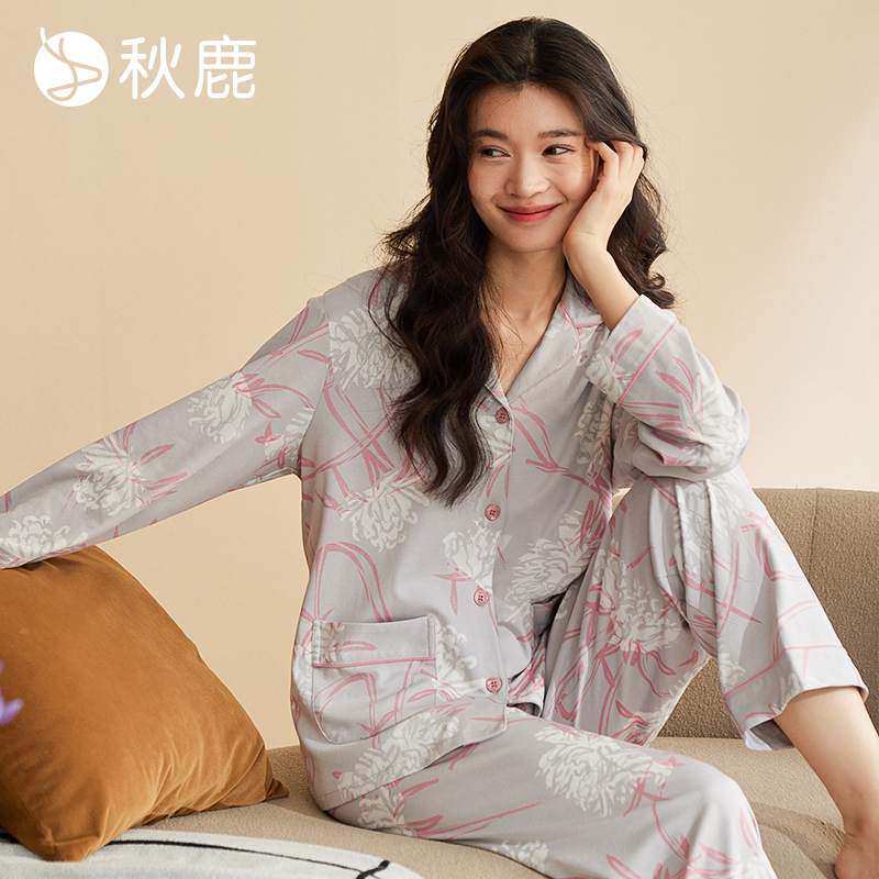秋鹿女纯棉柔软透气睡衣印花