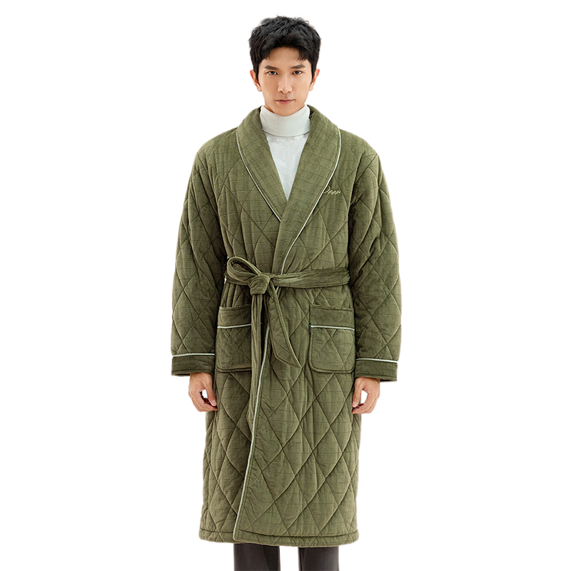秋鹿珊瑚绒男士浴袍秋冬加厚关刀领青少年家居服男格子睡袍中长款
