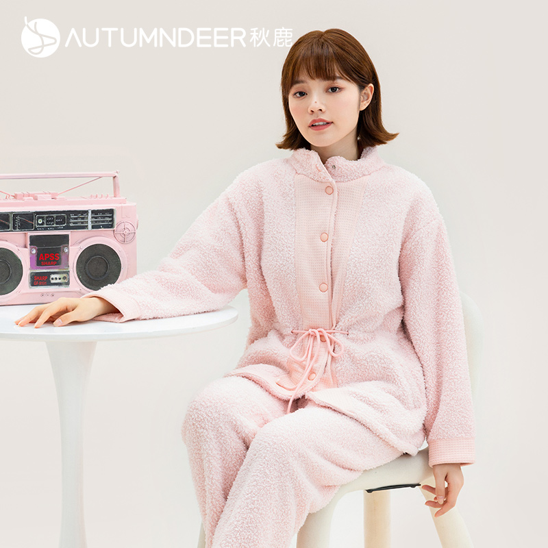秋鹿女米粒绒睡衣立领外套