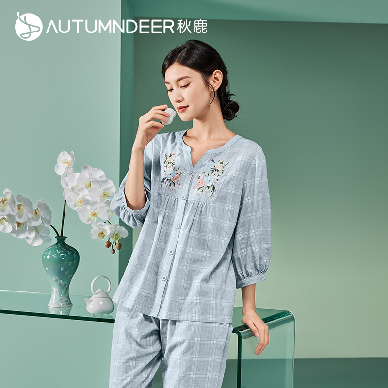 秋鹿睡衣女夏款新中式国风柔软透气薄款条纹格子七分袖家居服套装