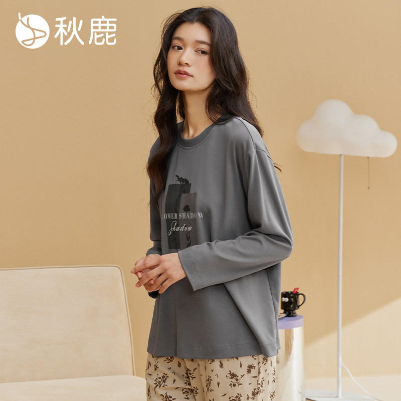 秋鹿女纯棉抑菌单面棉氨磨毛睡衣