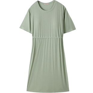 秋鹿凉感收腰气质睡裙女夏薄款短袖睡衣裙优雅纯色居家外穿连衣裙