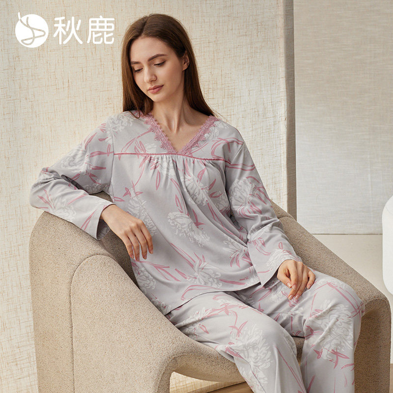 秋鹿女纯棉双面爽滑睡衣印花