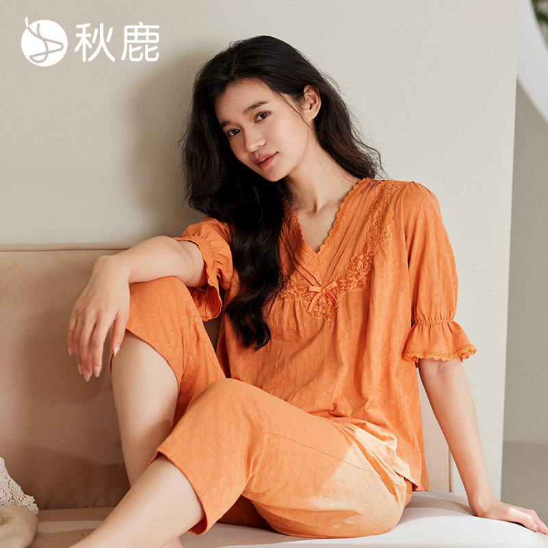 秋鹿栀子花细腻提花棉短袖睡衣女