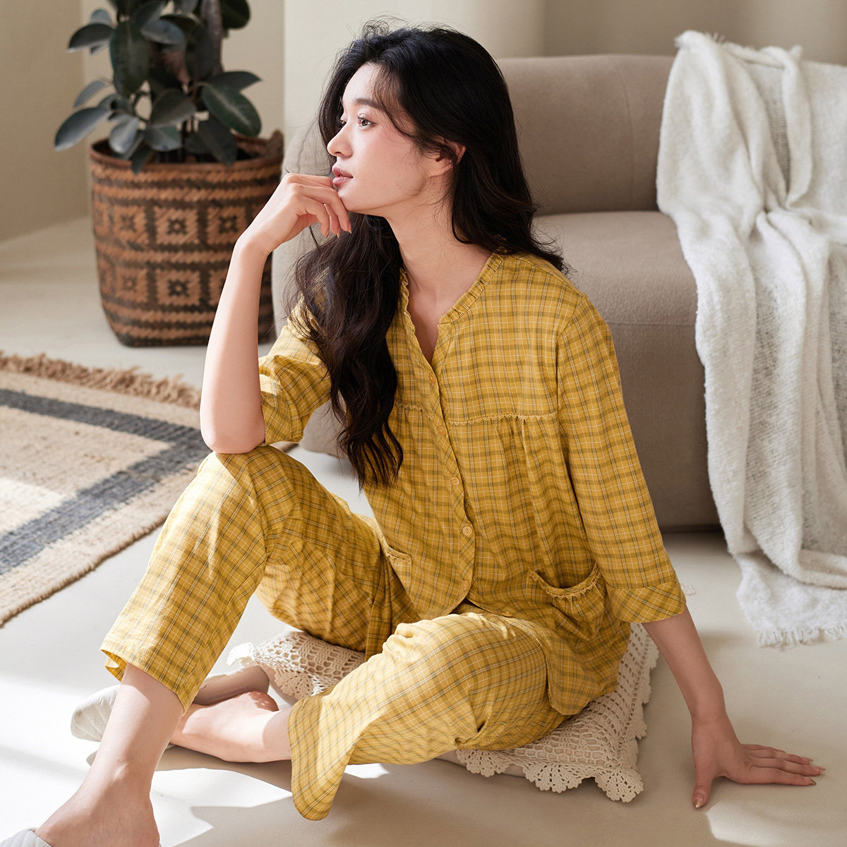 秋鹿纯棉格子睡衣女款春夏V领七分袖九分裤薄款家居服可外穿套装