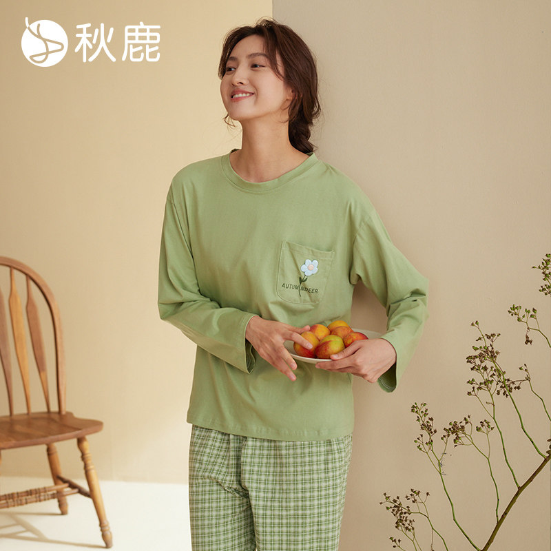 秋鹿格纹长裤睡衣女款春秋季纯棉圆领长袖印花柔软透气家居服套装