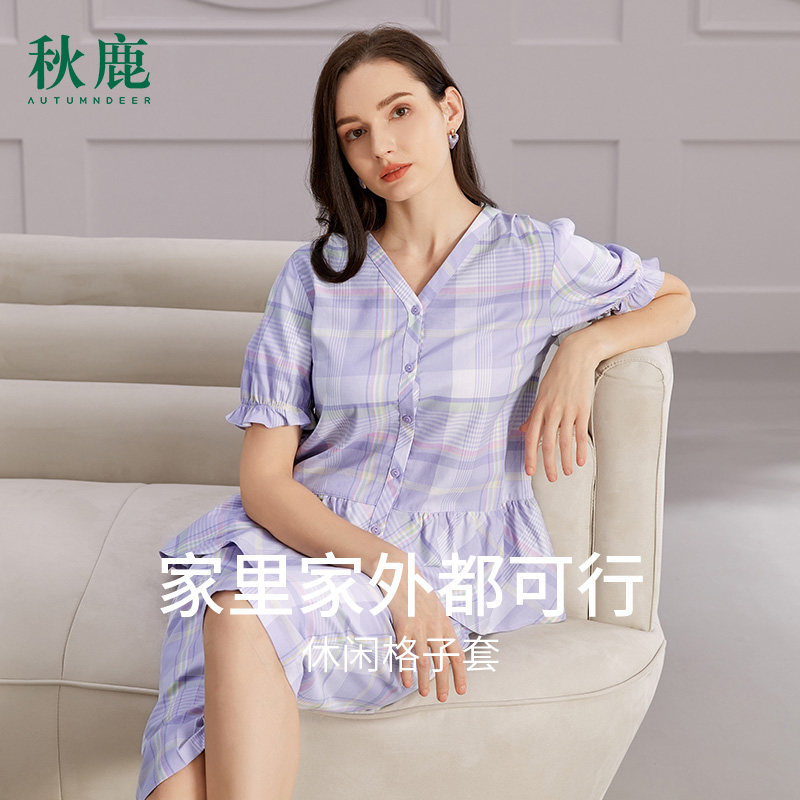 秋鹿简约格子纯棉家居服女春秋短袖七分裤薄款梭织棉夏季睡衣女款