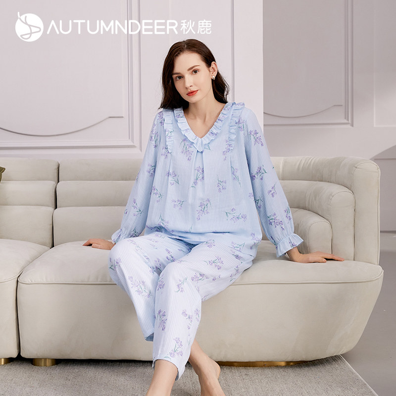 秋鹿梭织棉睡衣女款夏季薄款简约v领长袖长裤纯棉家居服春夏套装