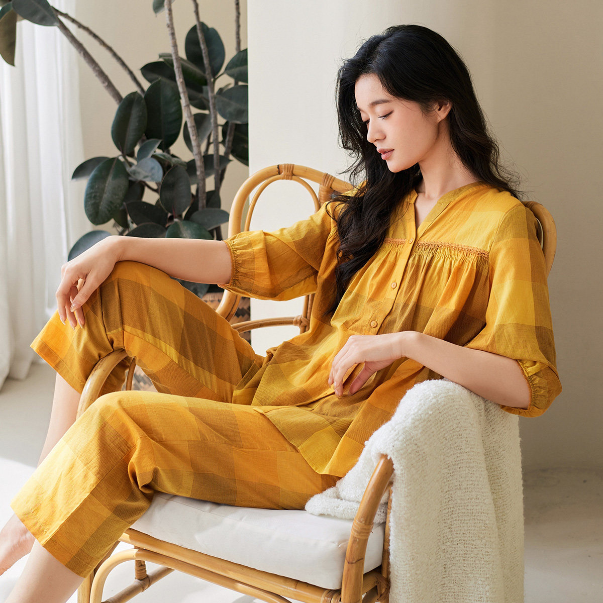 秋鹿梭织色织格纯棉睡衣女款春夏