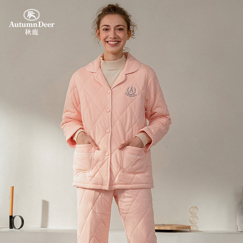 秋鹿【清仓仅剩大码】女装秋冬加厚三层夹棉睡衣女保暖家居服套装