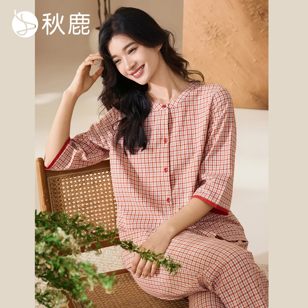 秋鹿梭织色织格纯棉睡衣女2026新款格子七分袖家居服套装可外穿