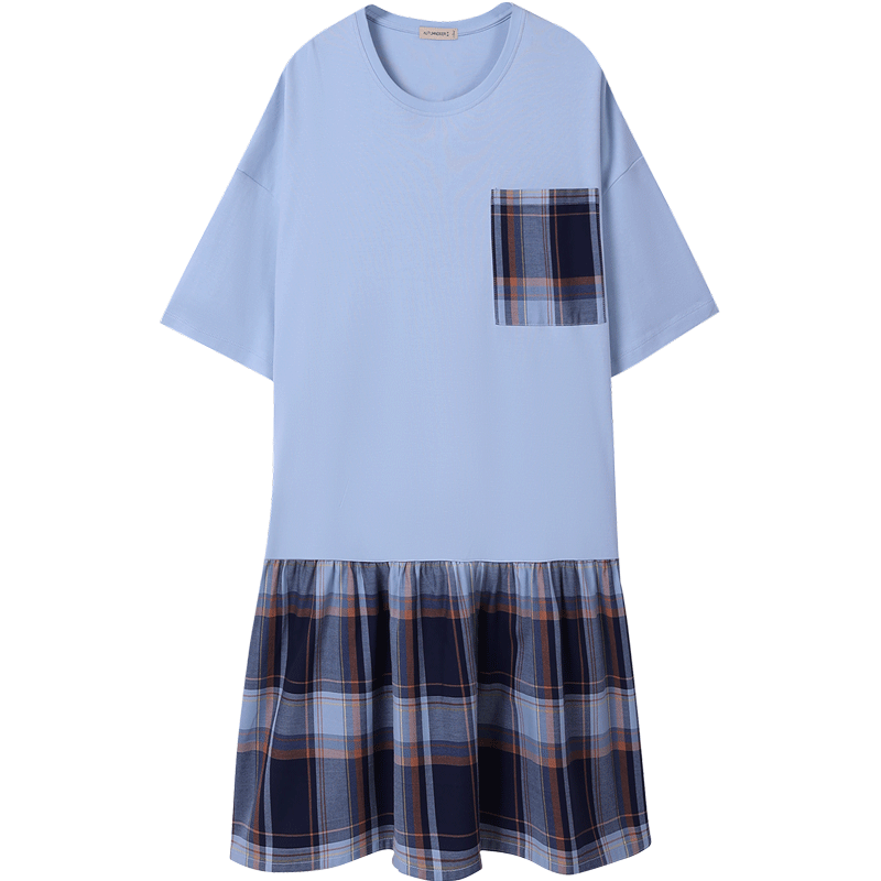 秋鹿睡裙女拼接大格纹家居服夏季短袖薄款纯棉格子外穿睡衣连衣裙
