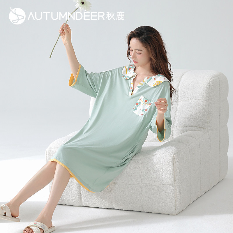 秋鹿【断码清仓】针织纯棉睡裙女V领套头夏季连衣裙短袖中裙薄