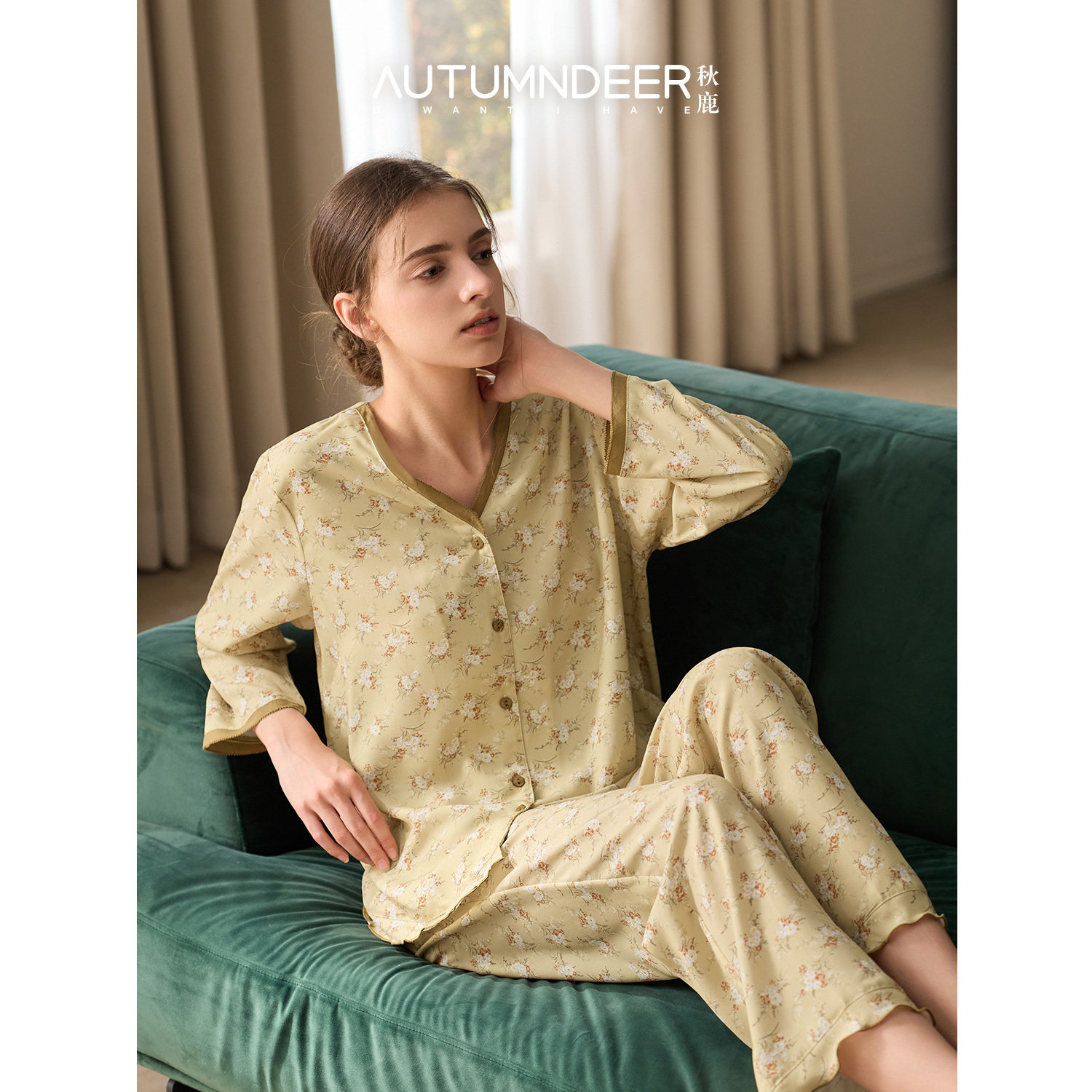 新品秋鹿针织碎花睡衣女款100纯棉女士2026新款可外穿家居服春秋
