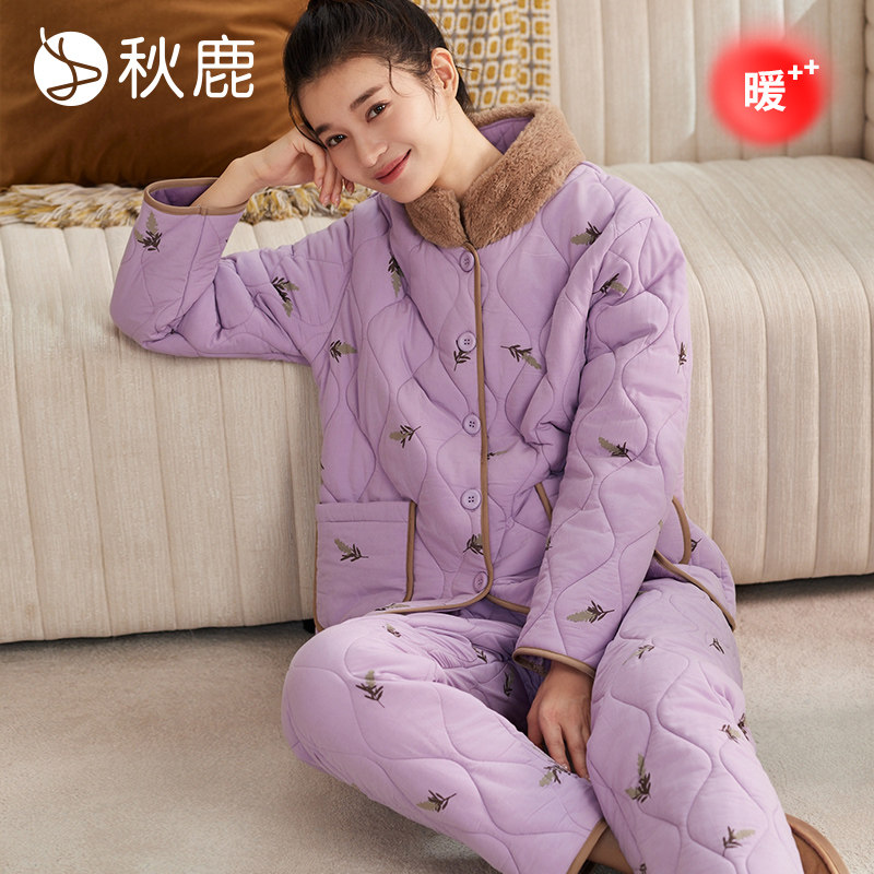 秋鹿三层加绒加厚夹棉睡衣女