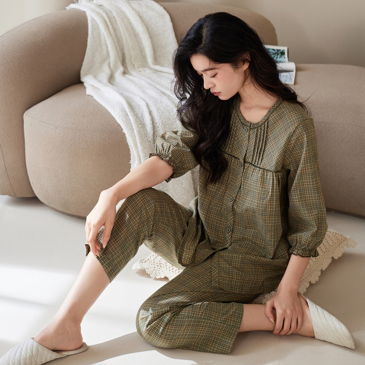 秋鹿梭织色织格纯棉睡衣女款春夏圆领七分袖九分裤薄款家居服套装