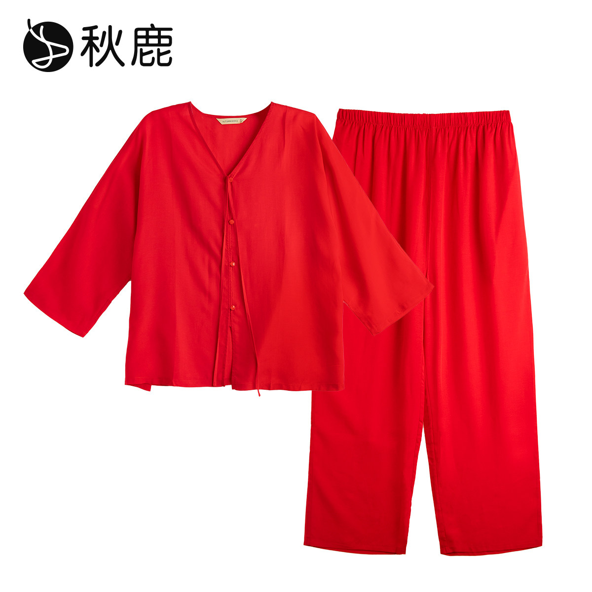 秋鹿睡衣女款春夏季V领