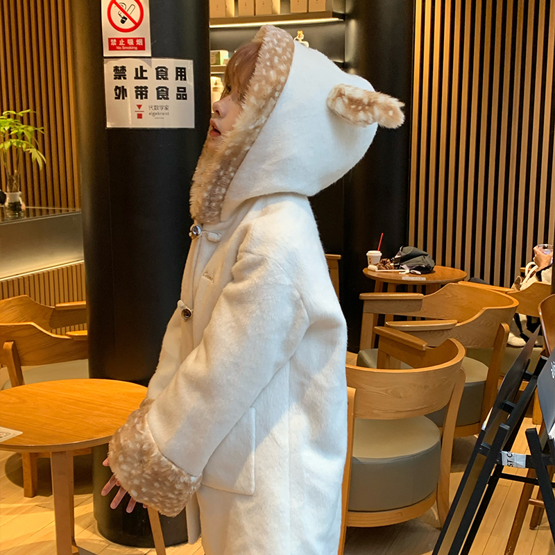 COSME 【斑比鹿】甜美羊毛大衣女冬季圣诞小麋鹿牛角扣大衣中长款