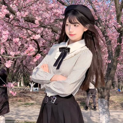 COSMEPRO【寻栗中】韩式女高学院风女短款收腰衬衫减龄条纹款