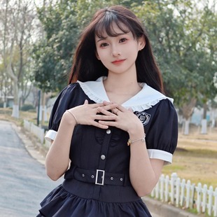 COSME 原创夏日流行独特学院风甜美收腰连衣裙女 千代女子 新款