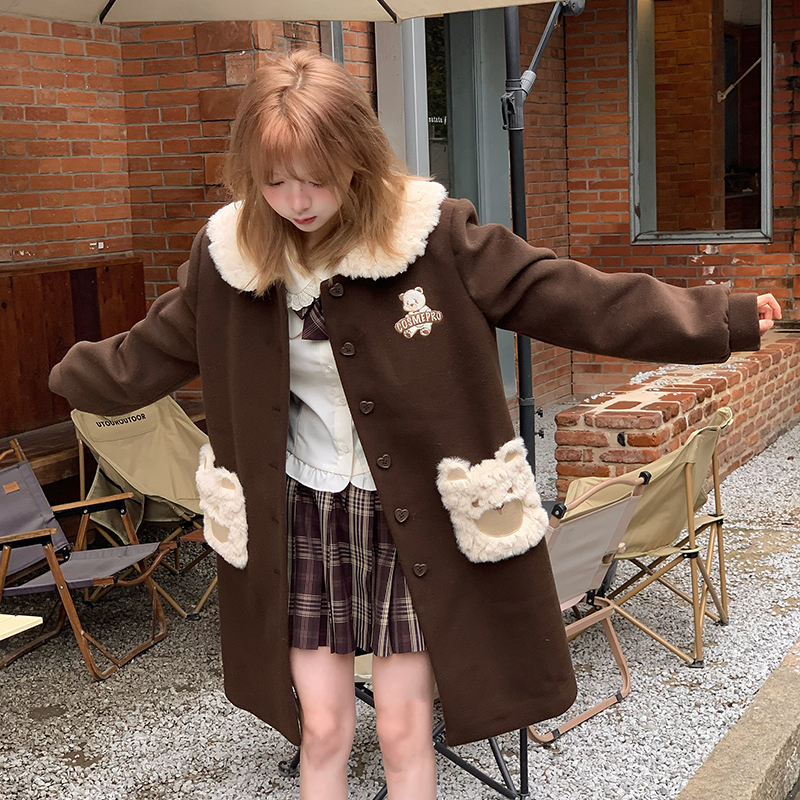 COSME 【可可熊】大衣女冬季可爱学院风外套毛绒小熊毛呢大衣中长