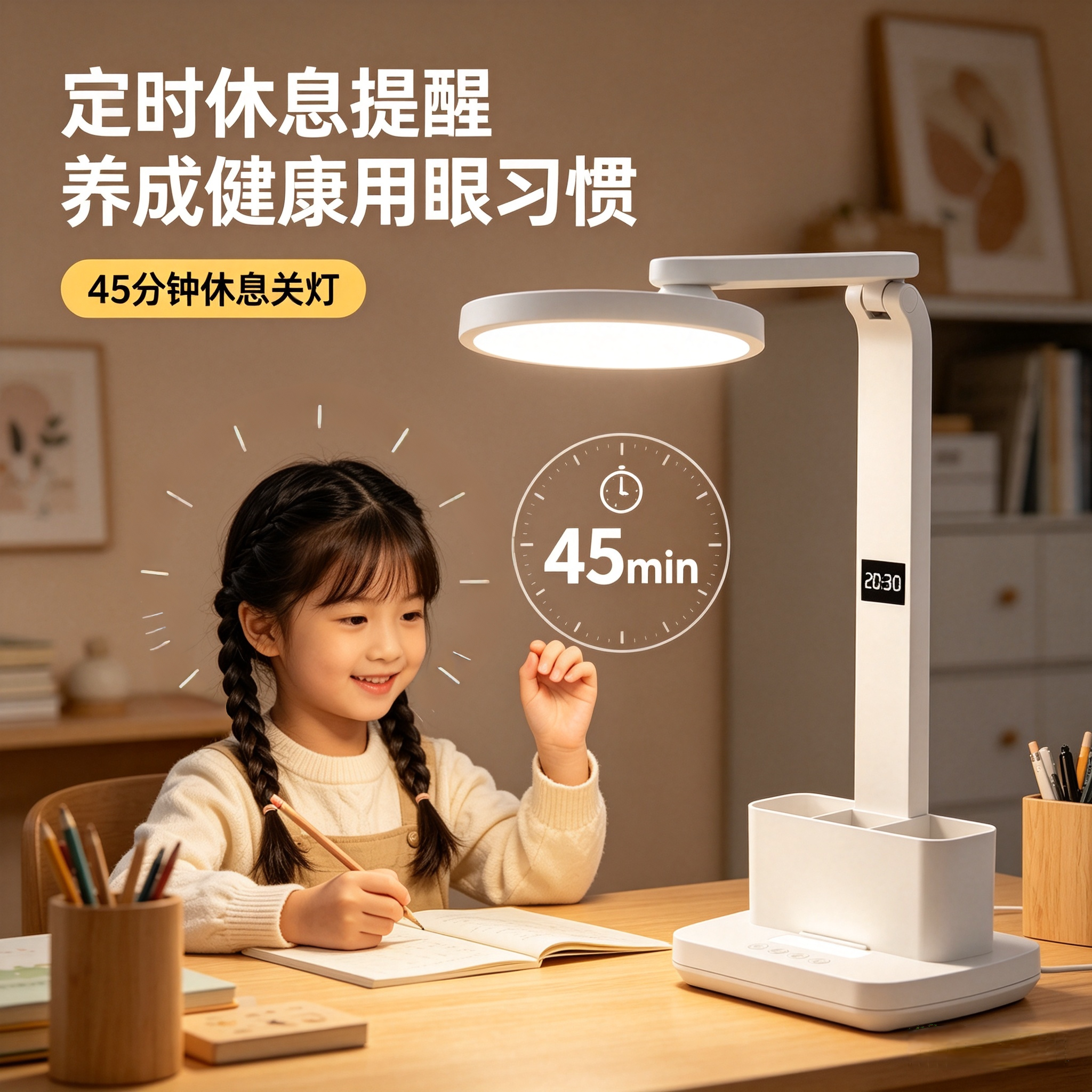 学生专用桌面智能护眼圆灯学习专用防蓝光调光调色USB充电阅读灯