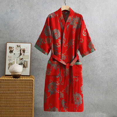 a类提花双层纱布浴袍纯棉睡袍七分袖吸水浴衣大码家居服 薄款睡衣