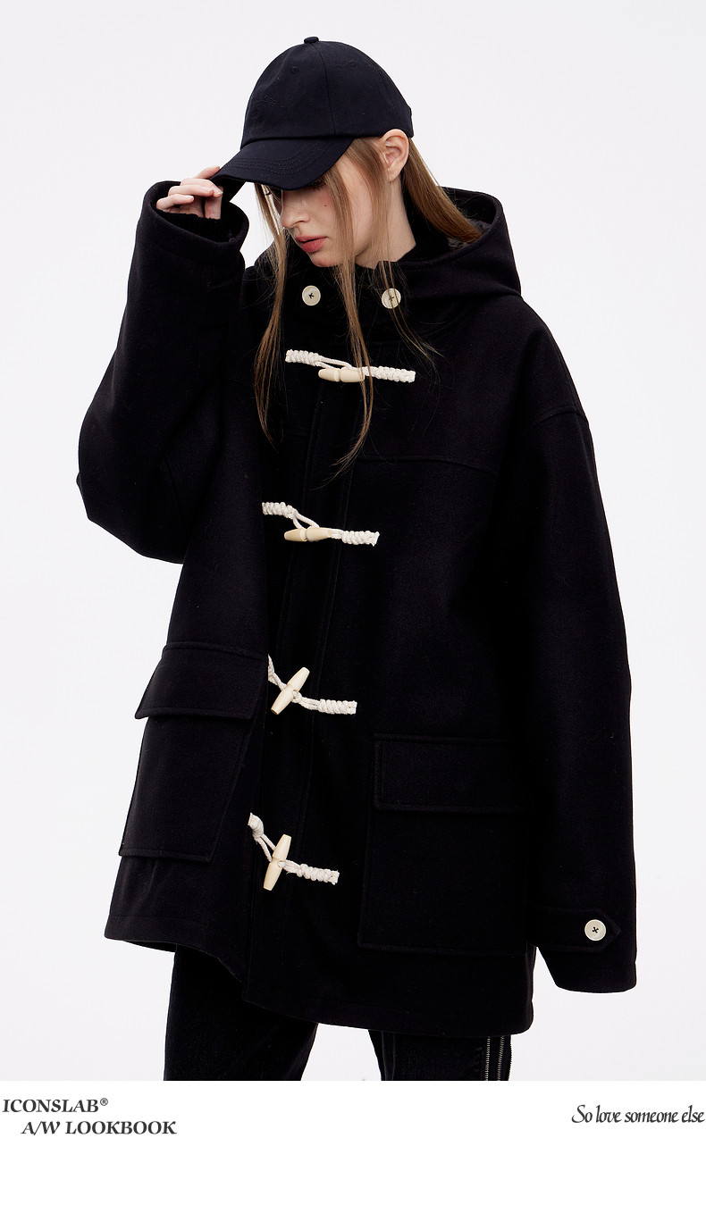 ICONSLAB牛角扣连帽宽松毛呢外套冬季男日系黑色大衣小个子学院风