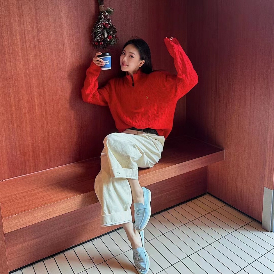 MARES｜新年红25秋冬小马标刺绣羊毛绞花半拉链针织衫毛衣女款