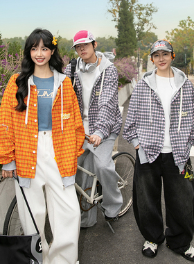 NOTEARS 春季美式宽松橙色假两件百搭多彩格纹长袖衬衫情侣外套